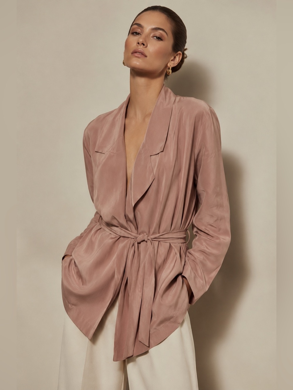 100% Silk Belted Drape Front Jacket Blush Pink Size Medium